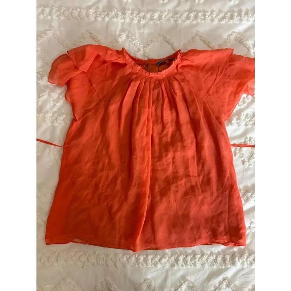 Alice + Olivia silk  Coral Pleated Neck Blouse with tie waist - Picture 4 of 8